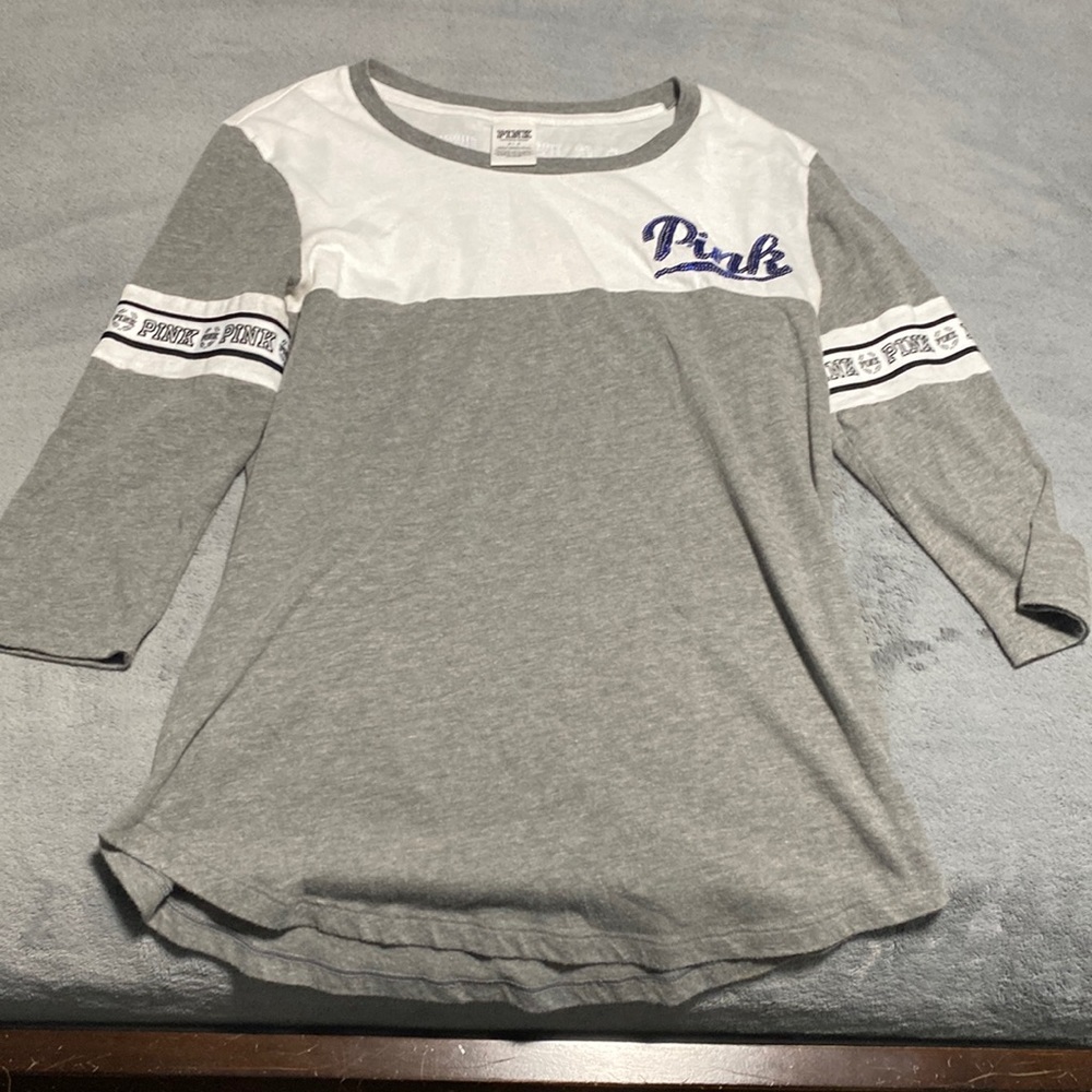 Pink 3/4 sleeve T shirt with sequence on back